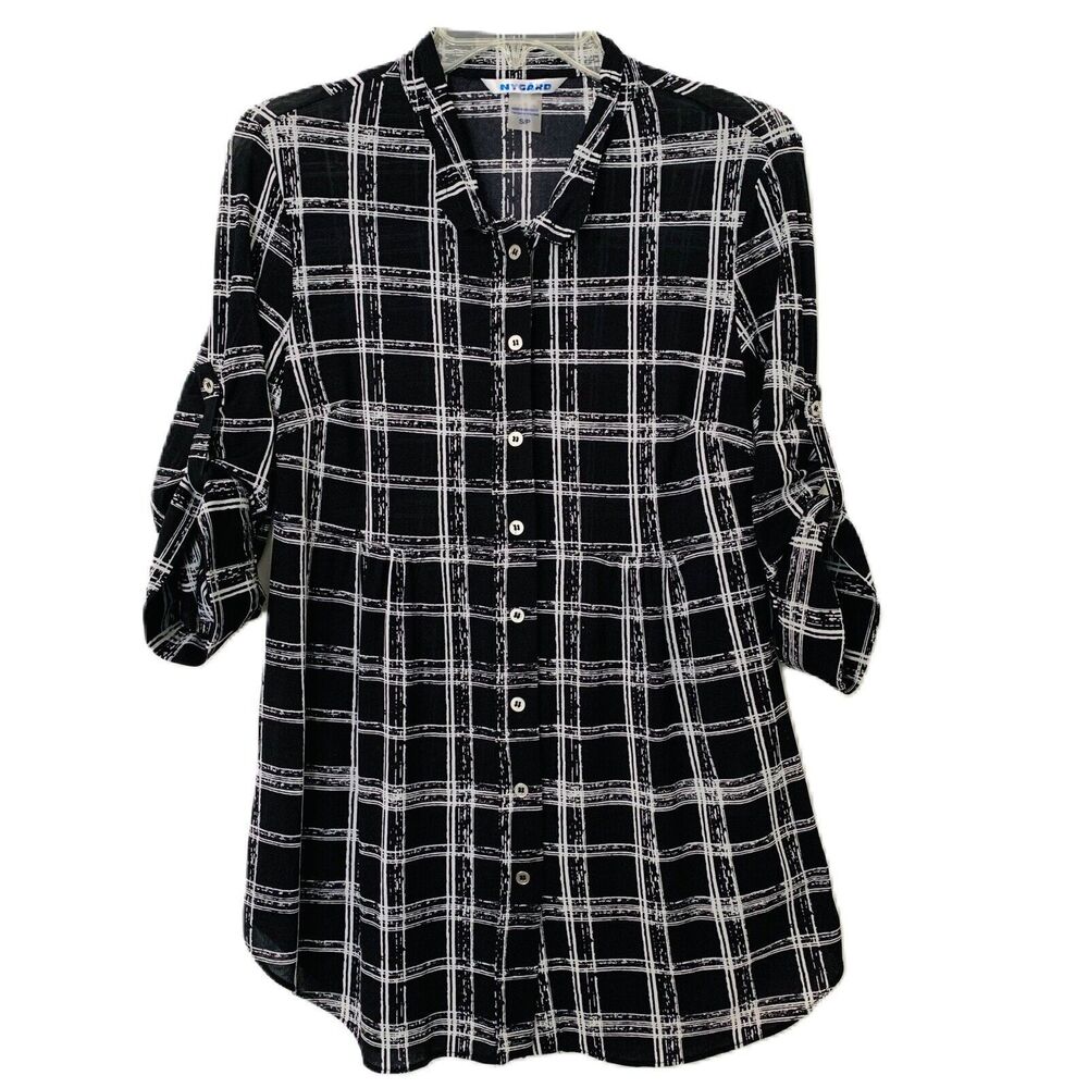 Nygard Tunic Women Small Black White Plaid Collared Dark Academia Silky Fitted
